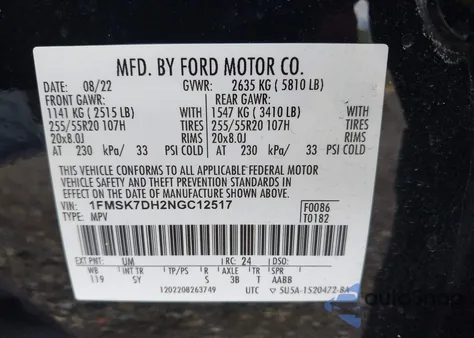 2022 Ford Explorer Xlt from USA, damaged, VIN 1FMSK7DH2NGC12517